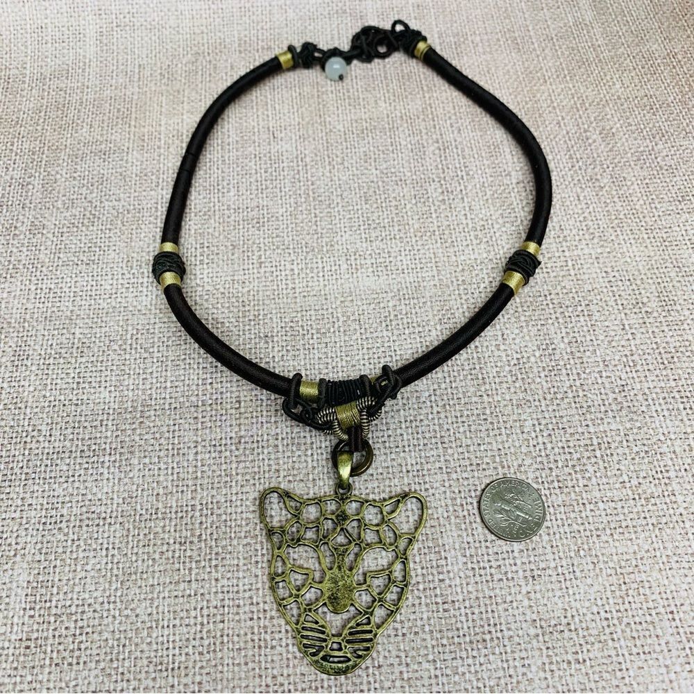 Gold Leopard On Black Gold Thread‎ Wrapped Necklace